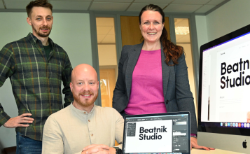 Mark Lovejoy and David Haigh of Beatnik Studio with Susan Snowdon of NEL Fund Managers